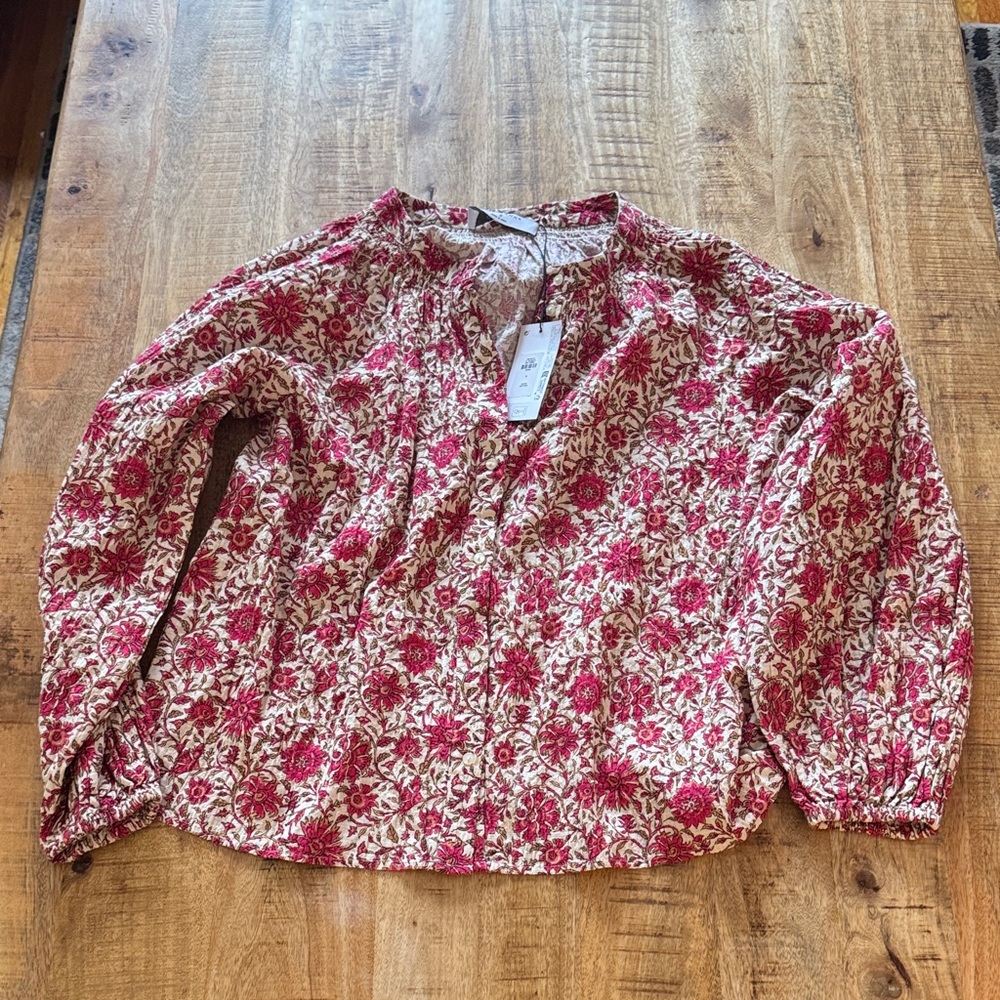 Primark cotton textured gauze mock neck button up down Floral Pink cream Blouse